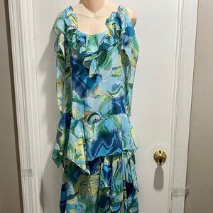 Boho Fairy Tiered Asymmetrical Skirt Flowy Ruffles Sheer Sea Witch Midi Dress 8